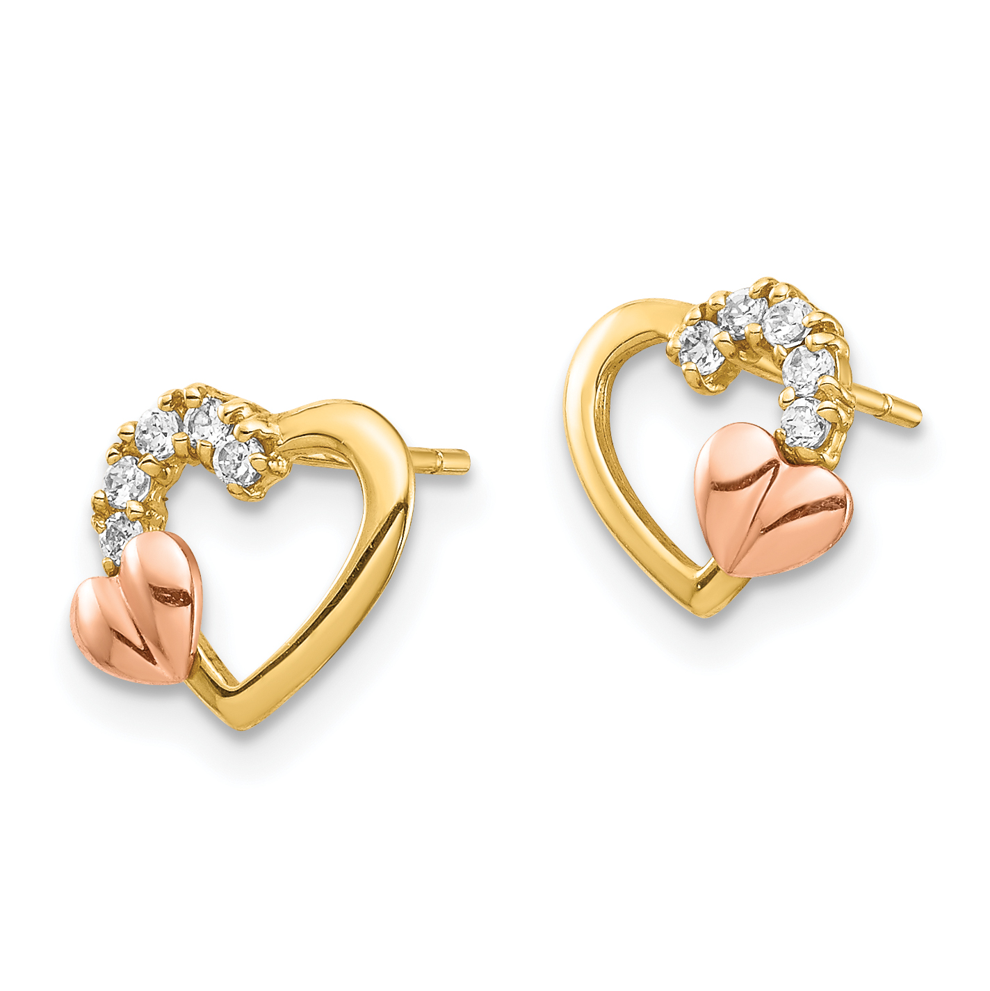 14K Two-Tone CZ Heart Post Earrings YE1868 product image view 2