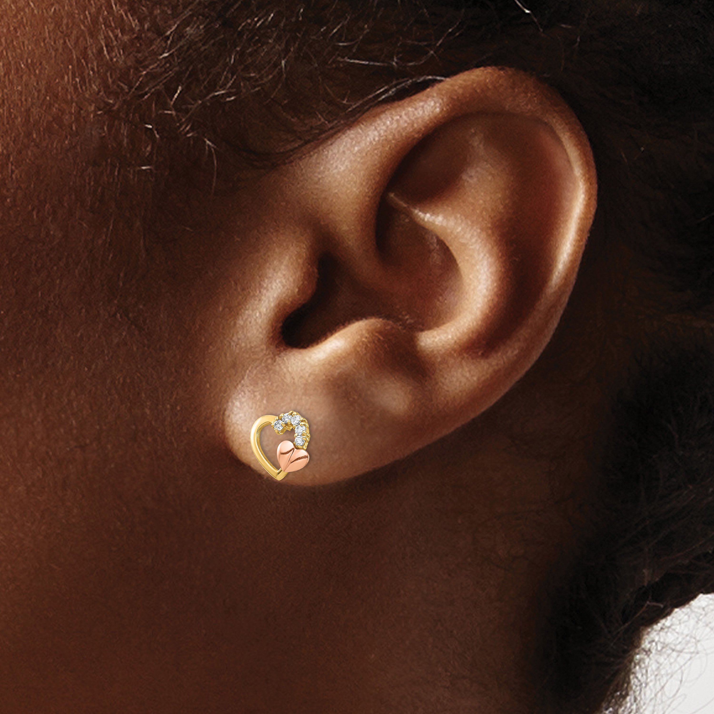 14K Two-Tone CZ Heart Post Earrings YE1868 product image view 3