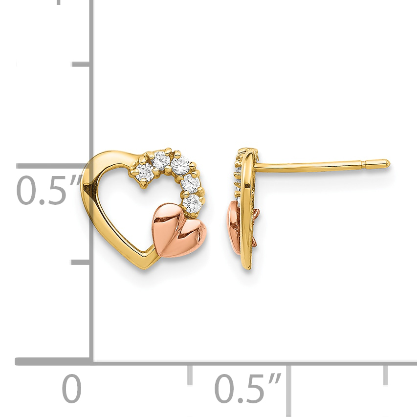 14K Two-Tone CZ Heart Post Earrings YE1868 product image view 4