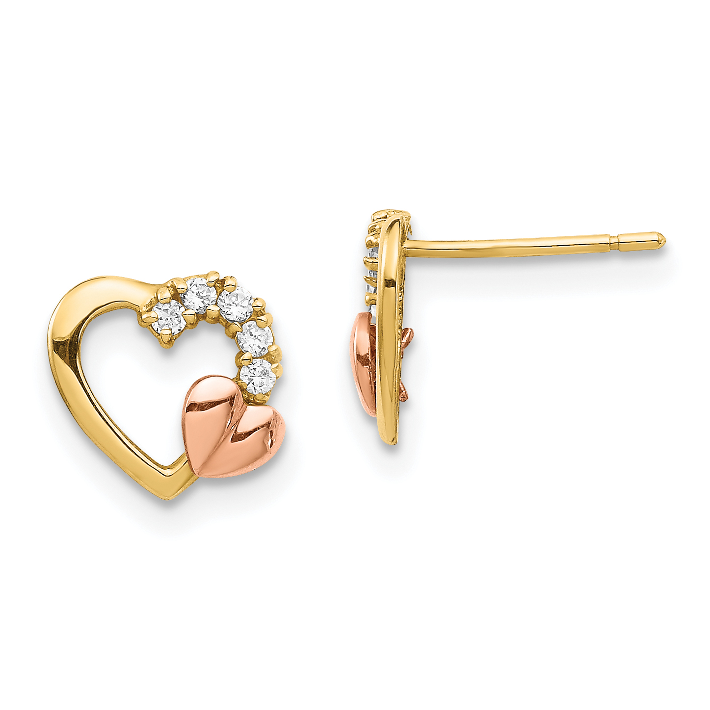 14K Two-Tone CZ Heart Post Earrings (YE1868)