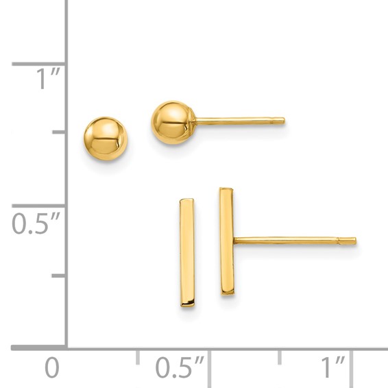 14K Set of Two Pair Bar and 3mm Ball Post Earrings