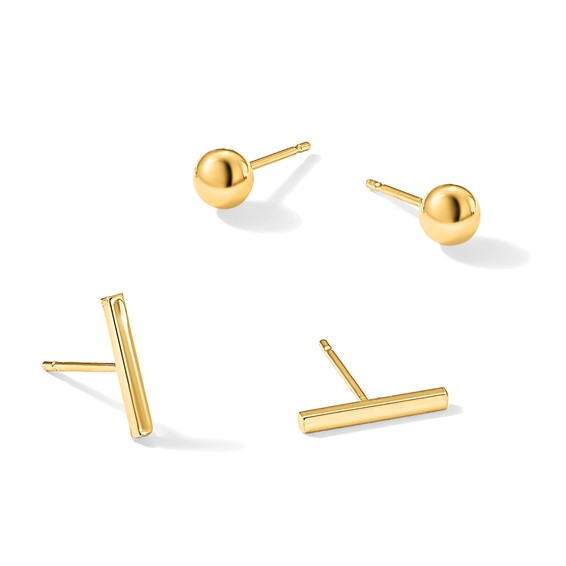 14K Set of Two Pair Bar and 3mm Ball Post Earrings
