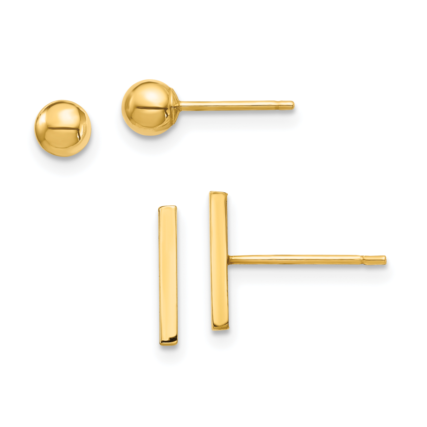14K Bar and 3mm Ball Post Earrings Set (YE1874)