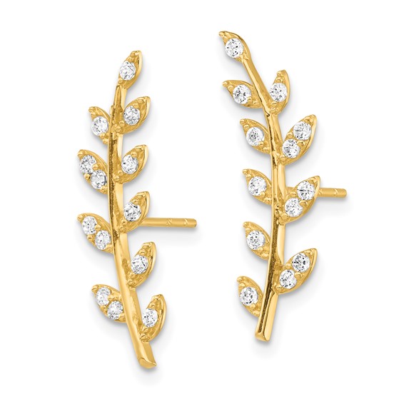 14K CZ Fern Ear Climber Post Earrings