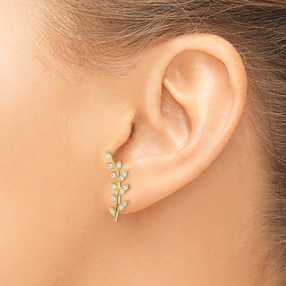 14K CZ Fern Ear Climber Post Earrings