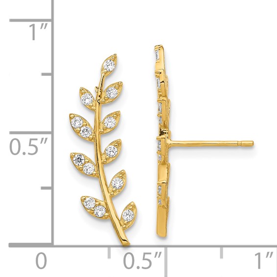 14K CZ Fern Ear Climber Post Earrings