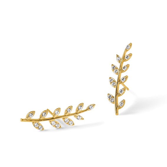 14K CZ Fern Ear Climber Post Earrings