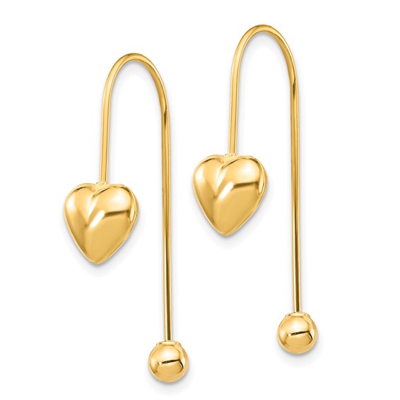 14K Puffed Heart with Screw-on Bead Threader Earrings