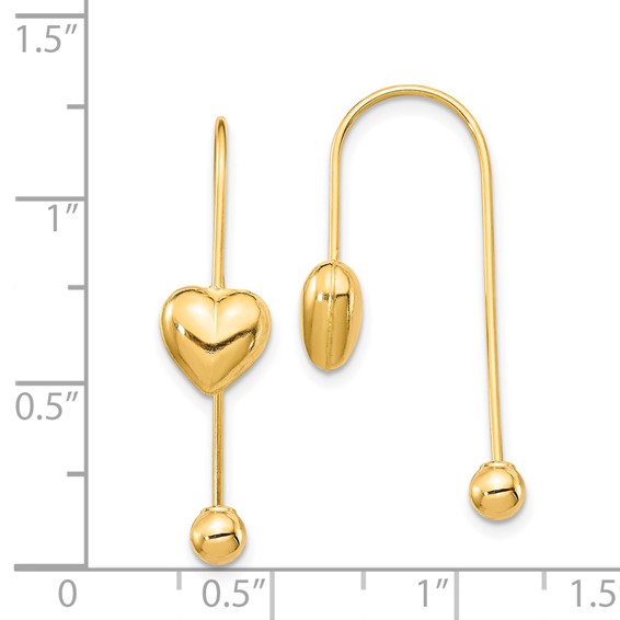 14K Puffed Heart with Screw-on Bead Threader Earrings