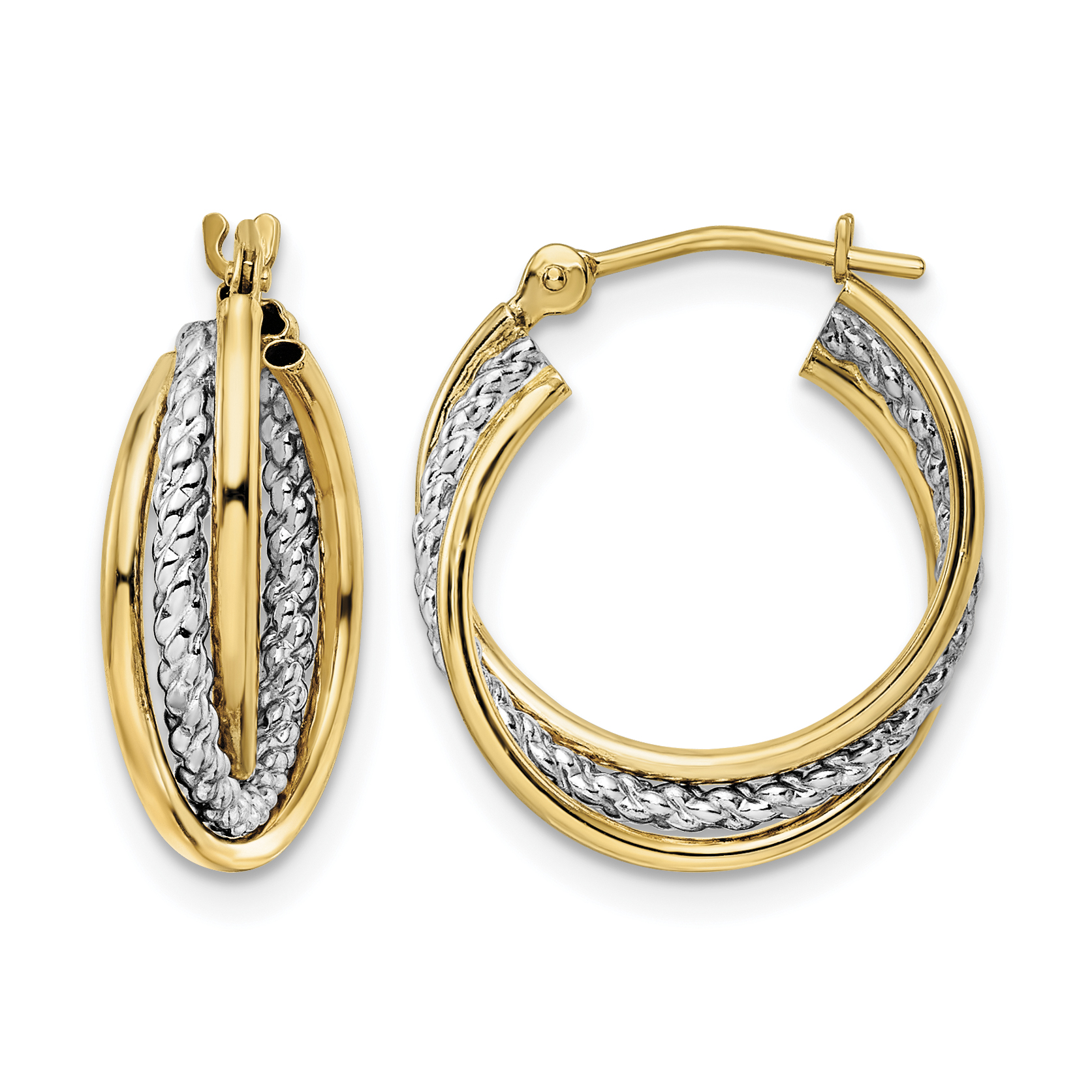 14k w/ White Rhodium Polished Textured Hoops (YE1911)