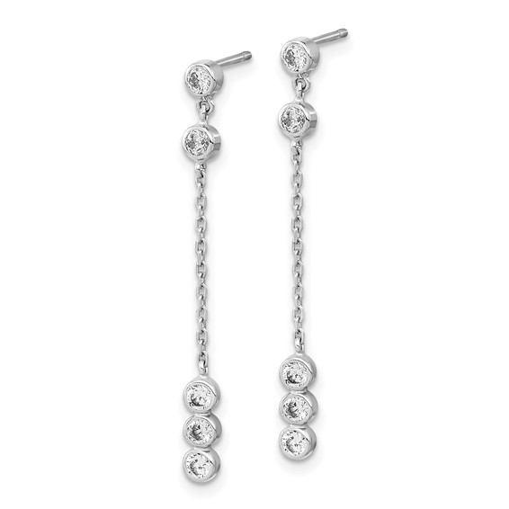 14K White Gold Bezel CZ and Chain Link Dangle Post Earrings
