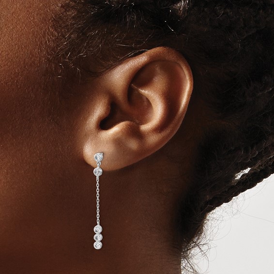 14K White Gold Bezel CZ and Chain Link Dangle Post Earrings