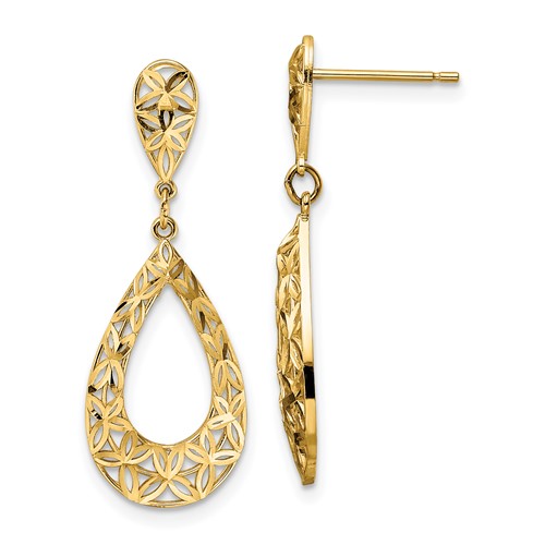 14k Diamond-cut Floral Teardrop Dangle Post Earrings