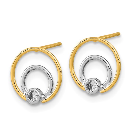 14K and White Rhodium 10mm Polished Double Circle with CZ Post Earrings