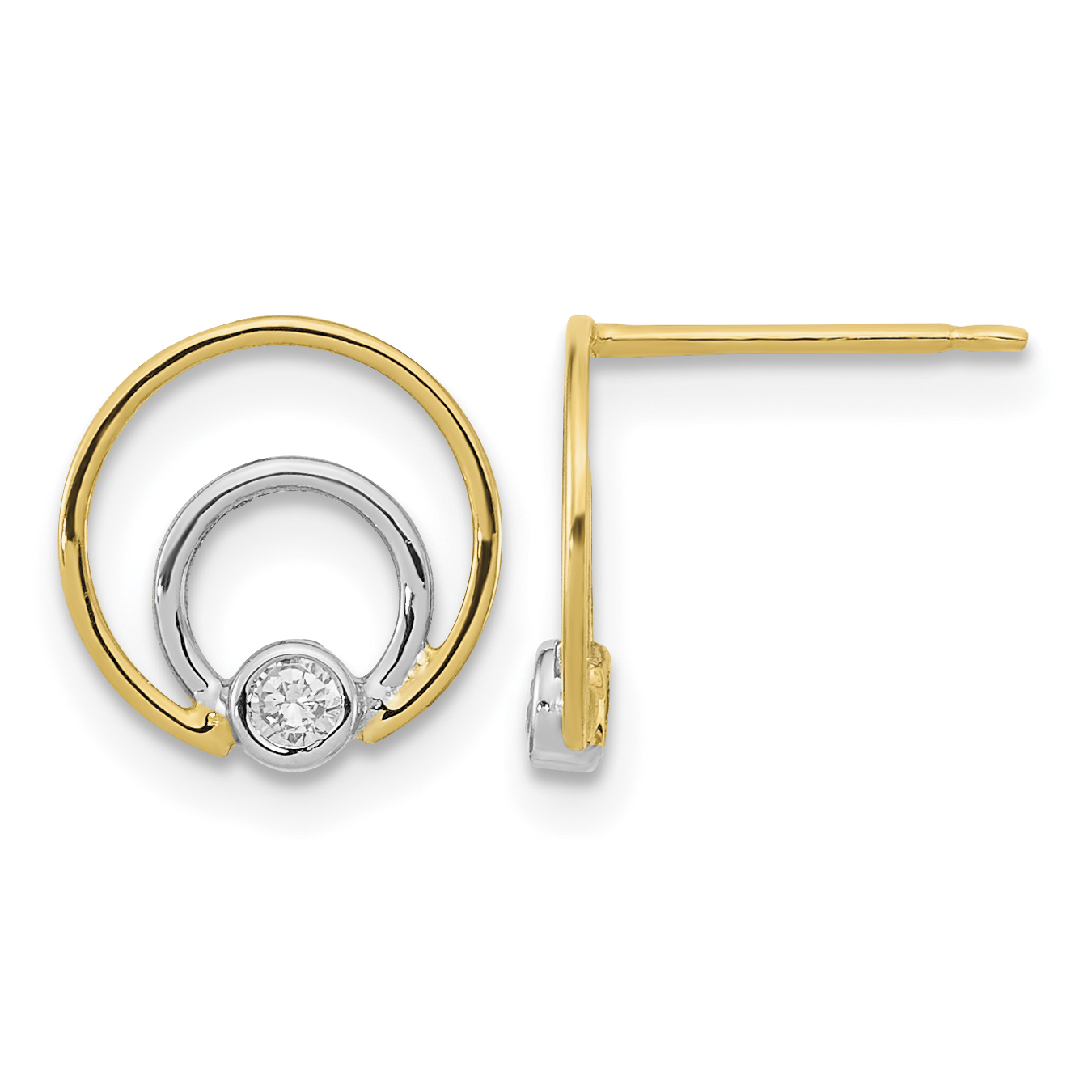 14K Polished White Rhodium CZ Double Circle Post Earrings (YE1956)