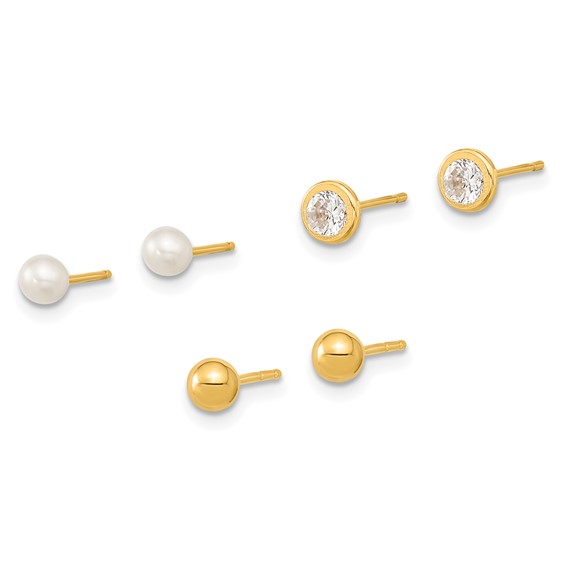 14K Polished 3.5mm Ball/3-4mm Freshwater Cultured Pearl/4.5mm CZ Bezel Set of 3 Pair Post Earrings