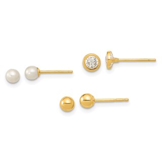 14K Polished 3.5mm Ball/3-4mm Freshwater Cultured Pearl/4.5mm CZ Bezel Set of 3 Pair Post Earrings