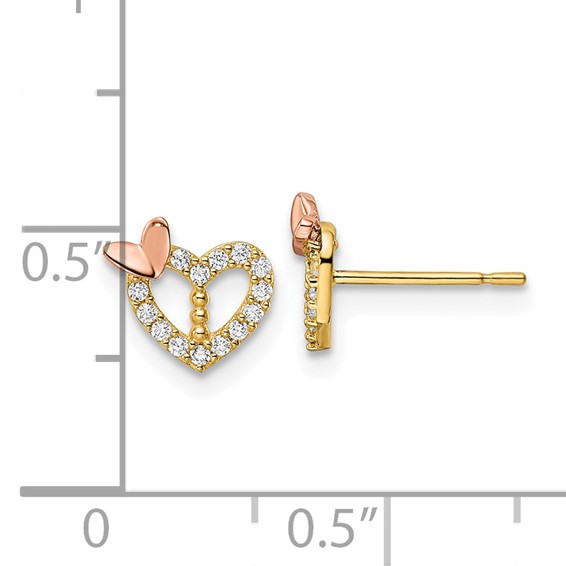 14k Two-tone CZ Heart with Butterfly Post Earrings