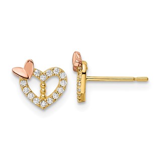 14k Two-tone CZ Heart with Butterfly Post Earrings