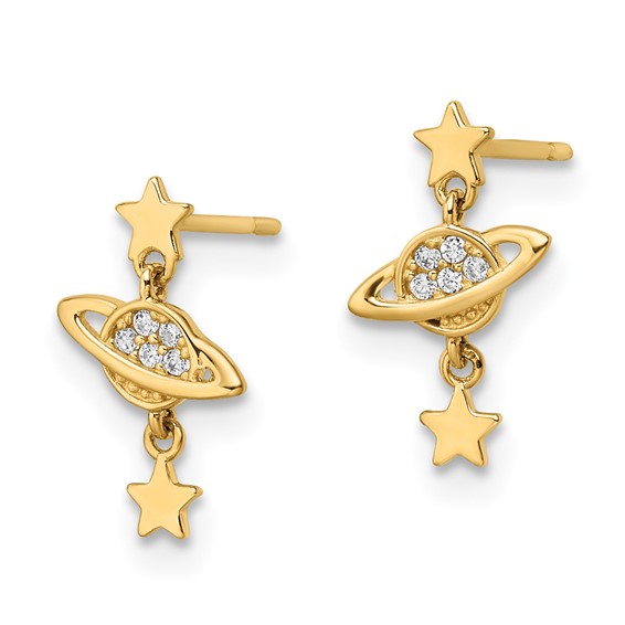 14k CZ Saturn and Stars Dangle Post Earrings