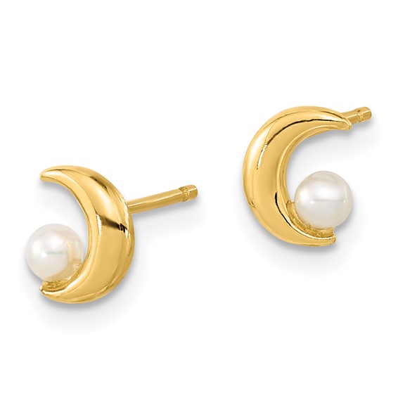 14K Polished Half Moon with 2.5-3mm Freshwater Cultured Pearl Post Earrings