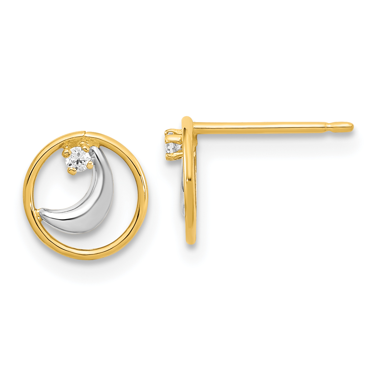14K Gold White Rhodium Open Circle CZ Half Moon Post Earrings (YE2056)