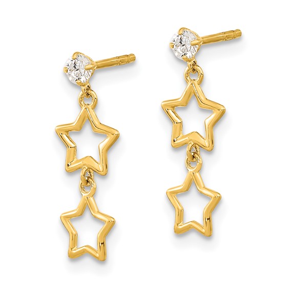 14K Polished Two Star with CZ Dangle Post Earrings