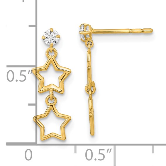 14K Polished Two Star with CZ Dangle Post Earrings