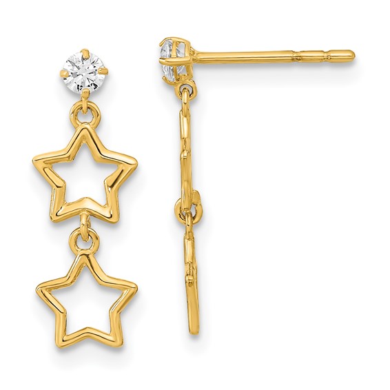 14K Polished Two Star with CZ Dangle Post Earrings