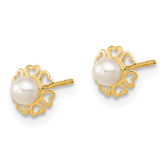 14K Polished Small Heart Petals with Freshwater Cultured Pearl Post Earrings