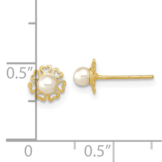 14K Polished Small Heart Petals with Freshwater Cultured Pearl Post Earrings