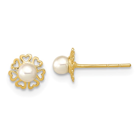14K Polished Small Heart Petals with Freshwater Cultured Pearl Post Earrings