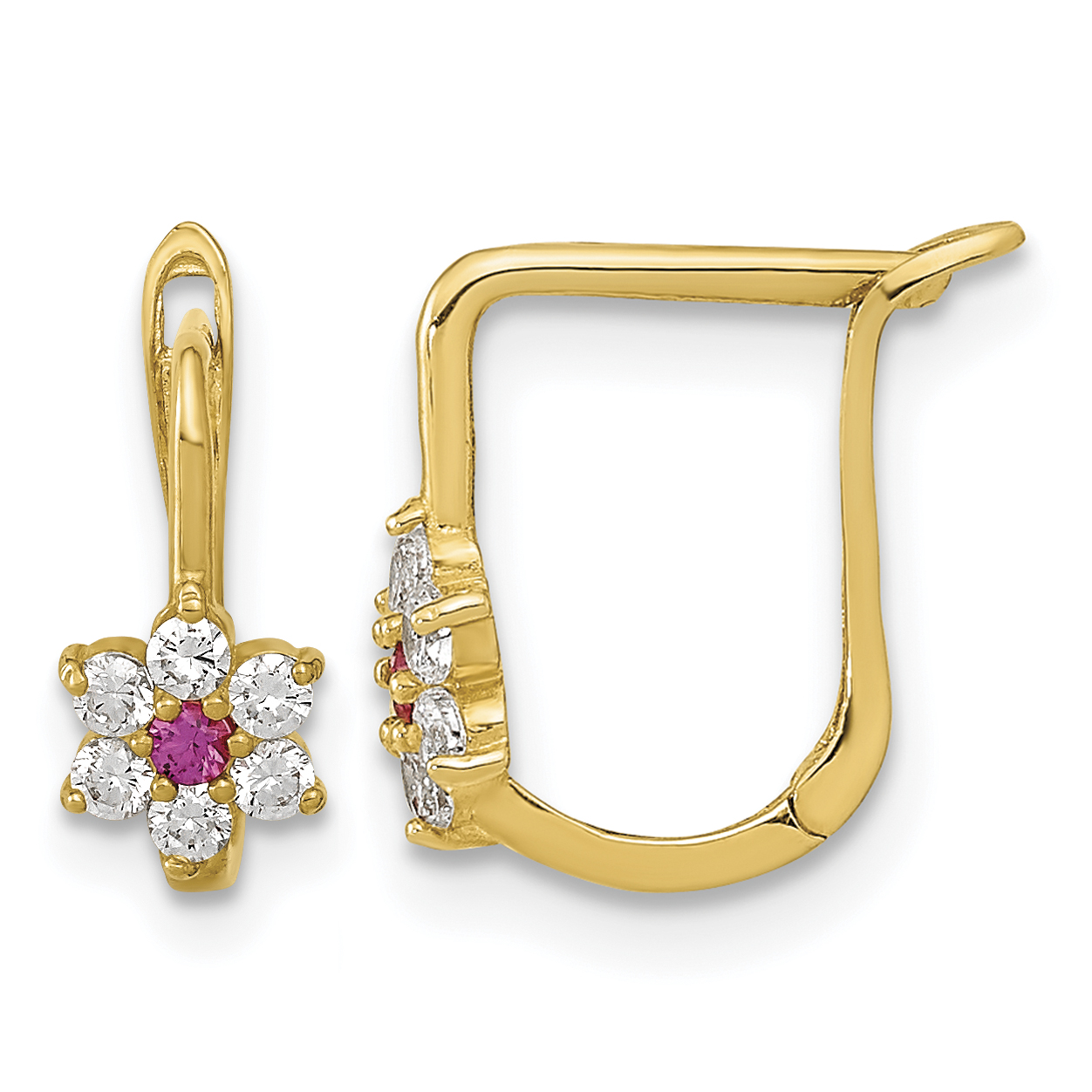14K Polished Red and White CZ Flower Hoop Earrings (YE2082)