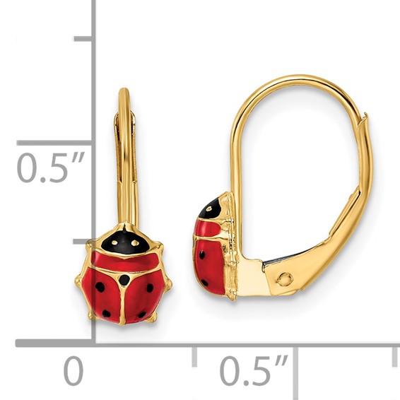14k Polished Red and Black Enameled Ladybug Leverback Earrings