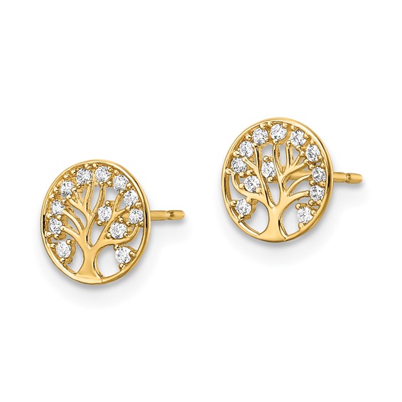 14k CZ Tree of Life in Circle Post Earrings