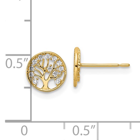 14k CZ Tree of Life in Circle Post Earrings