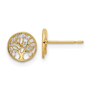 14k CZ Tree of Life in Circle Post Earrings
