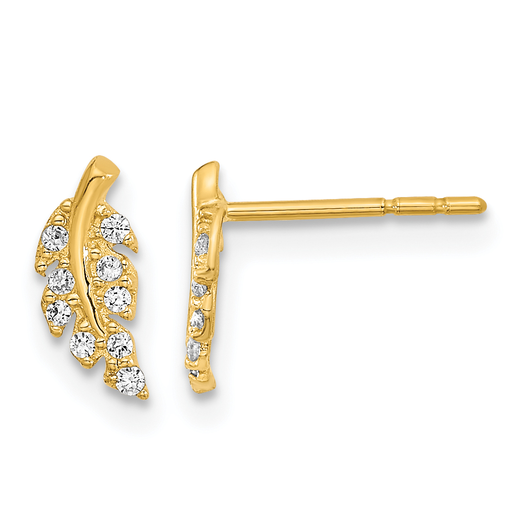 14K Polished Leaf CZ Post Earrings (YE2096)