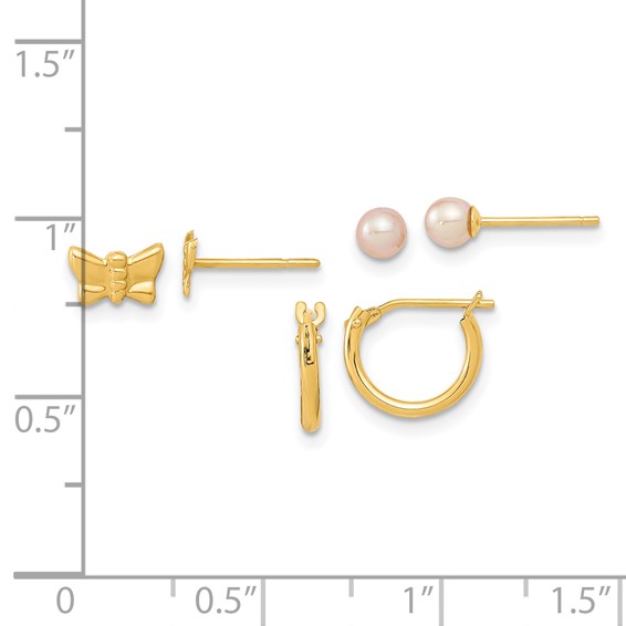 14K Butterfly/3-4mm Freshwater Cultured Pearl/Mini Hoop 3-Pair Earring Set