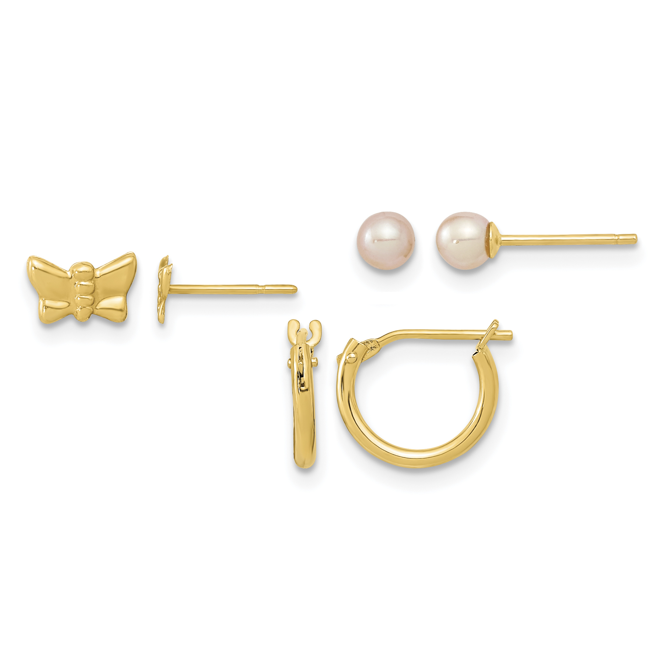 14K Butterfly FW Cultured Pearl and Hoop 3 Pair Earrings Set (YE2099)