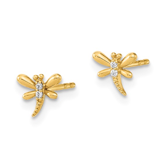 14K Polished Small Dragonfly with CZ Post Earrings
