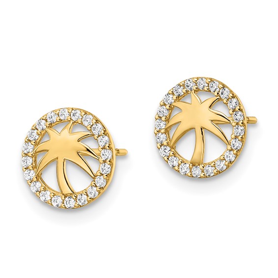 14k Polished CZ Palm Tree in Circle Post Earrings