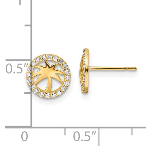 14k Polished CZ Palm Tree in Circle Post Earrings
