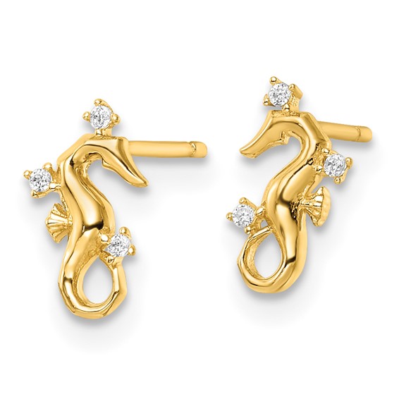 14k Polished CZ Mini Seahorse Post Earrings