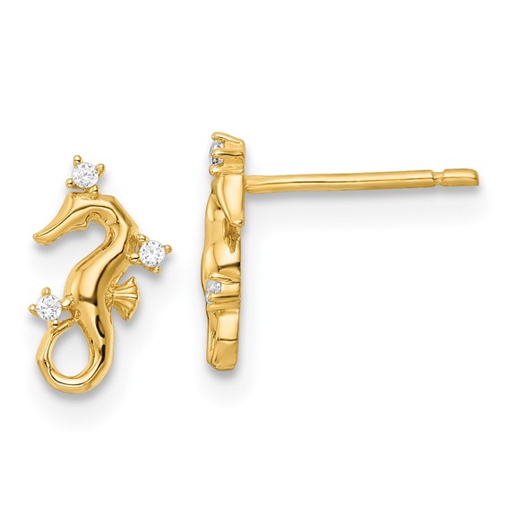 14k Polished CZ Mini Seahorse Post Earrings