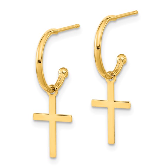 14K Polished Cross Dangle C-Hoop Earrings