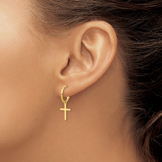 14K Polished Cross Dangle C-Hoop Earrings