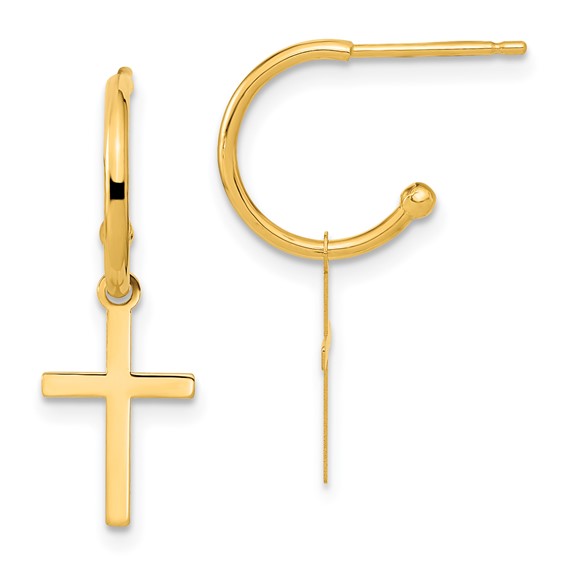 14K Polished Cross Dangle C-Hoop Earrings