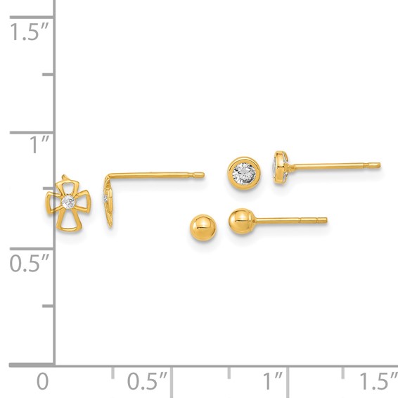 14K Polished 3mm Ball/Cross/4mm CZ Bezel 3-Pair Post Earrings Set