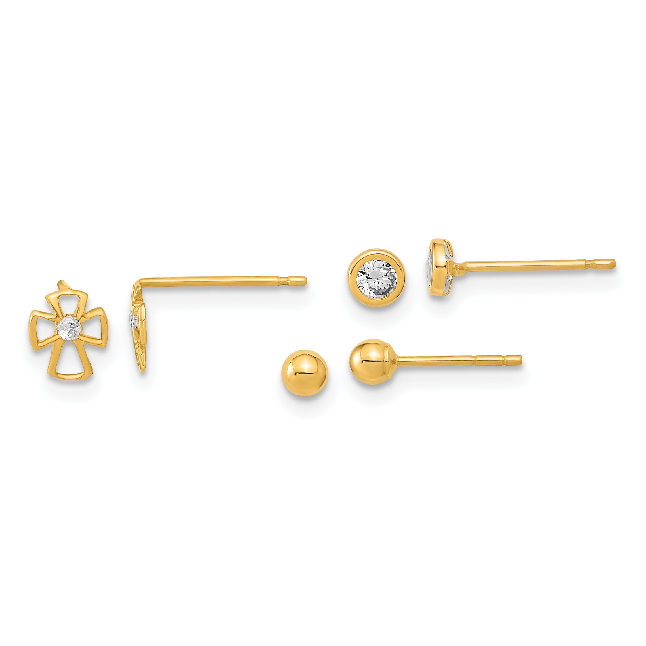 14K Polished Set of Ball Post Cross and CZ Bezel 3 Pair Earrings Set (YE2125)